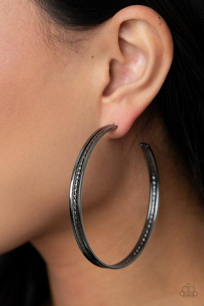 " Midtown Marvel" Black Gunmetal Diamond Cut Textured Hoop Earrings