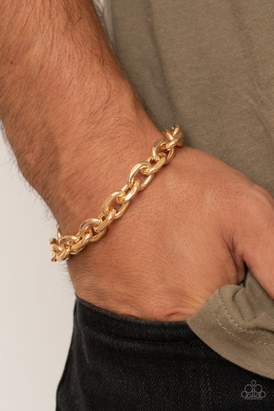 Paparazzi " Titanium Titan " Men's Gold Metal Faceted Edged Oval Link Chain Bracelet