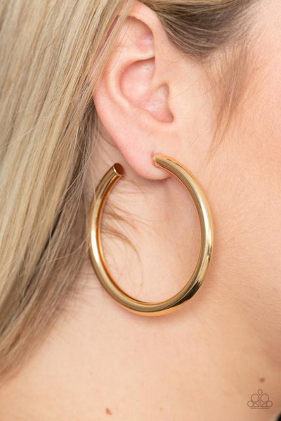 Paparazzi " Curve Ball " Gold Metal Medium Thick Hoop Earrings