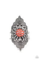 Paparazzi " Wildly Wallflower " Silver Metal Flower Red Stone Accent Elastic Back Ring