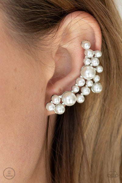 "Metro Makeover" Silver Metal & White Pearly Ear Climber Earrings