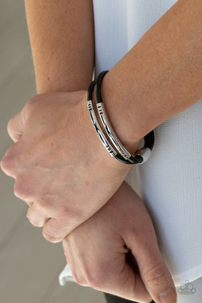 "What a Wander-ful world" Black Corded Leather & Silver Magnetic Closure Bracelet