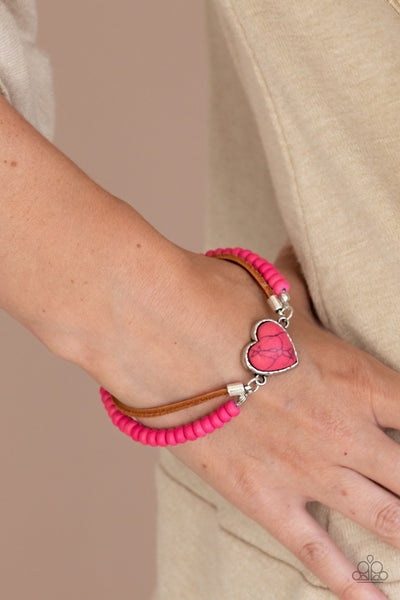 "Charmingly Country" Silver Metal & Pink Beaded Heart Bracelet