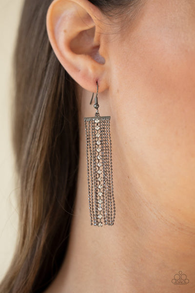 "Another Day, Another Drama" Black Metal & Clear Rhinestone Tassel Earrings
