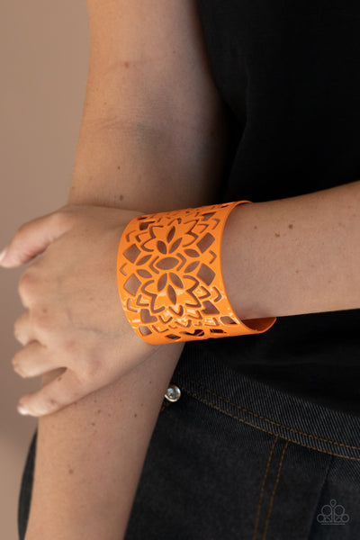 " Hacienda Hotspot " Orange Floral Stenciled Design Cuff Bracelet