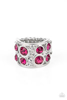 Paparazzi " High Roller Royale " Silver Metal Pink & Clear Rhinestone Elastic Back Ring