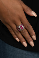 Paparazzi " High Roller Royale " Silver Metal Pink & Clear Rhinestone Elastic Back Ring