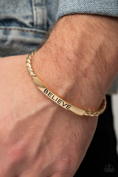 Paparazzi "Keep Calm and Believe" Gold Metal "BELIEVE" Twisted Inspirational Cuff Bracelet