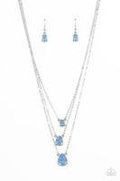 Paparazzi " Dewy Drizzle " Silver Metal & Icy Blue Iridescent Gem 3 Tier Necklace Set