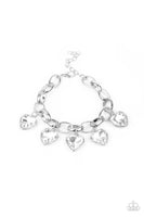 "Candy Heart Charmer" Silver Metal White Rhinestone Multi Heart Charm Bracelet