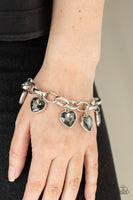 Paparazzi " Candy Heart Charmer " Silver Metal & Gray Rhinestone Heart Charm Bracelet