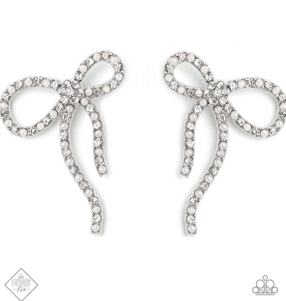 "Deluxe Duet" Silver Metal and Pearl & Rhinestone BOW Post Earrings