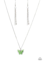 Paparazzi " Butterfly Prairies " Silver Metal & Green Cats Eye Butterfly Necklace Set