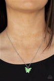 Paparazzi " Butterfly Prairies " Silver Metal & Green Cats Eye Butterfly Necklace Set