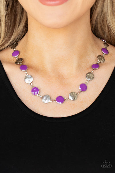 " Harmonizing Hotspot " Silver Metal With Purple & Silver Disc Necklace Set