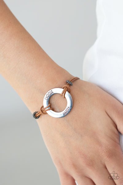 "Choose Happy" Brown Leather & Silver Circle CHOOSE HAPPY Clasp Bracelet