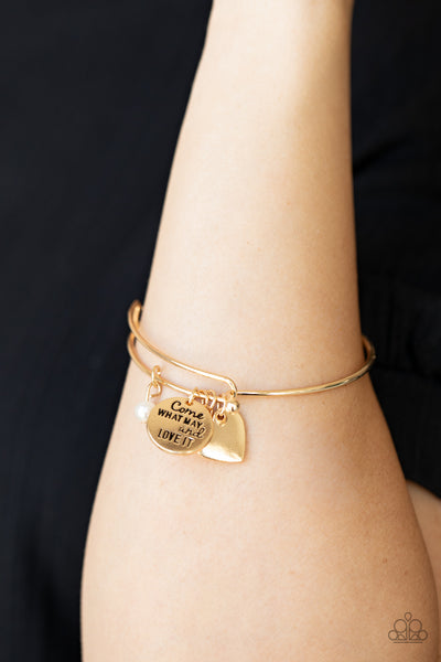 "Come What May and Love it" Gold Metal Inspirational Heart & Charm Bracelet