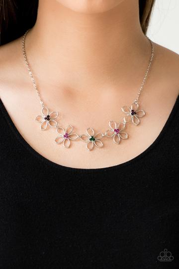 Paparazzi "Hoppin Hibiscus" Dainty Silver Metal & Multi Color Flower Necklace Set