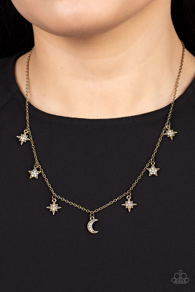 "Cosmic Runway" Brass Metal & White Rhinestone Star & Moon Necklace Set