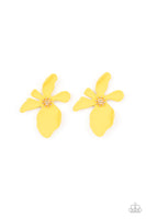 " Hawaiian Heiress " Yellow Metal Abstract Flower Tropical Floral Post Earrings