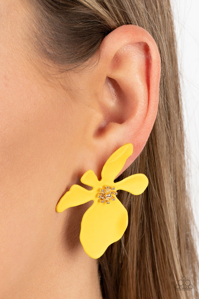 " Hawaiian Heiress " Yellow Metal Abstract Flower Tropical Floral Post Earrings