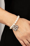 Paparazzi "Cutely Crushing" White Pearls & Clear/White Heart Rhinestone Stretch Bracelet