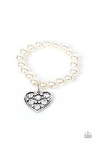 Paparazzi "Cutely Crushing" White Pearls & Clear/White Heart Rhinestone Stretch Bracelet