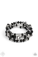 "Dynamic Dazzle" Silver & Black Faceted Beads Rhinestones Flexible COIL Bracelet