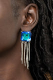 "Supernova Novelty" Silver Metal & Square Blue Iridescent Tassel Post Earrings