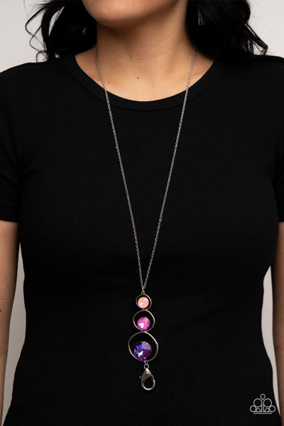 Paparazzi "Celestial Courtier" Silver Metal & Pink/Purple/Coral Rhinestone Lanyard Necklace Set