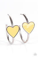 "Kiss Up" Silver Metal & Yellow Enamel Heart in a Hoop Earrings
