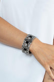 "Dynamically Diverse" Silver Metal Hematite & Black Rhinestone Geometric Stretch Bracelet