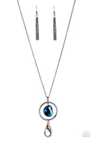 Paparazzi " Hands Down Dazzling " Gunmetal & Faceted Blue Crystal Lanyard Necklace Set