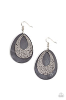 "Bountiful Beaches" Silver Metal & Gray Shell Over a Stenciled Overlap Earrings