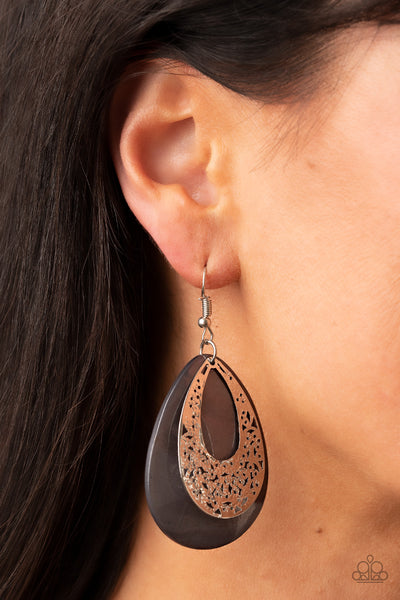 "Bountiful Beaches" Silver Metal & Gray Shell Over a Stenciled Overlap Earrings