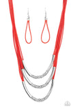 "Mechanical Mania" Multi Red Cord & Silver Metal Bars Layered Necklace Set