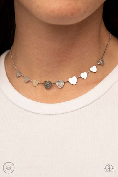 "Dainty Desire" Silver Metal & With Textured Heart Choker Necklace Set