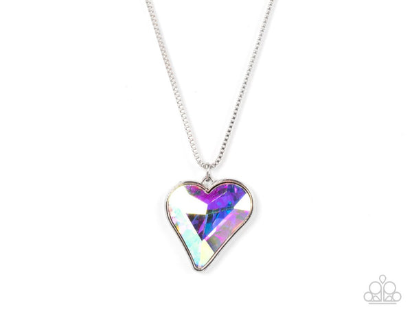 "Lockdown My Heart" Silver Metal & Rainbow Multi Iridescent Heart Necklace Set