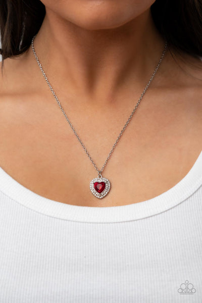"Taken With Twinkle" Silver Metal & Double White Rhinestone Halo Heart Red Necklace Set