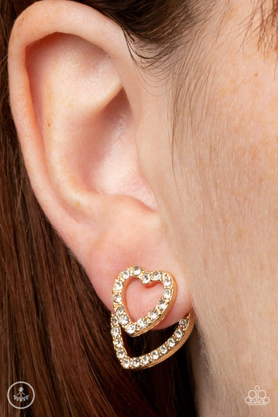 "Ever Enamored" Gold Metal & Clear/White Rhinestone Heart Ear Jacket Earrings