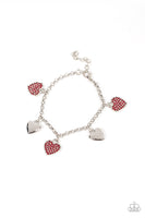 "Lusty Lockets" Silver Metal & Red Rhinestone Multi Heart Clasp Bracelet
