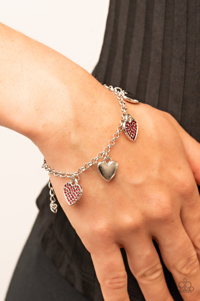 "Lusty Lockets" Silver Metal & Red Rhinestone Multi Heart Clasp Bracelet