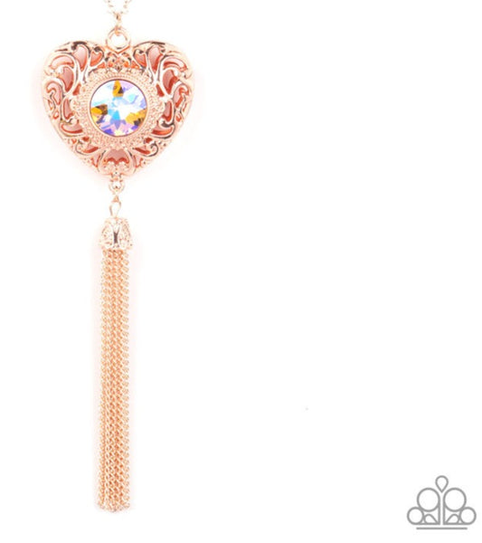 "Prismatic Passion" Gold Metal & Multi Peach Iridescent Heart Tassel Necklace Set