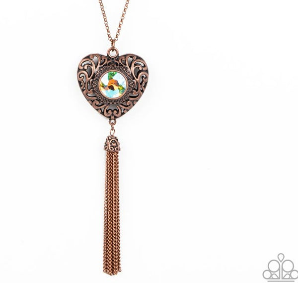 "Prismatic Passion" Copper Metal & Multi Peach Iridescent Heart Tassel Necklace Set