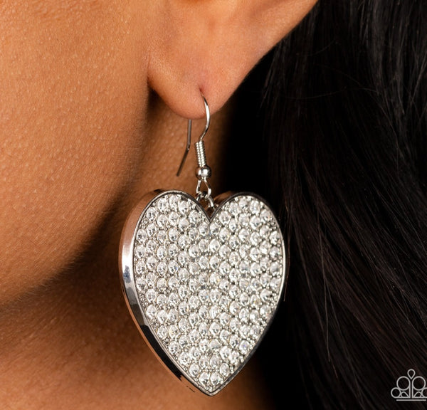 Paparazzi "Romantic Reign" Silver Metal and Pave Set White/Clear Rhinestone Heart Earrings