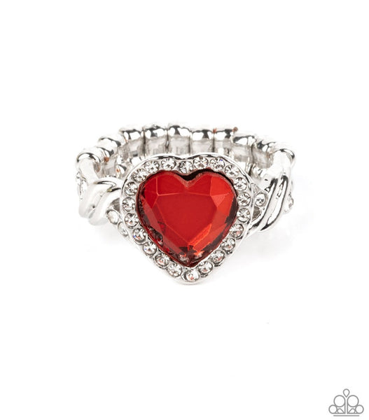 Paparazzi "Committed to Cupid" Silver Metal & Red/White Rhinestone Halo Heart Ring