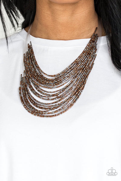 Paparazzi "Catwalk Queen" Invisible Cord Copper & Gunmetal Seed Bead Necklace Set