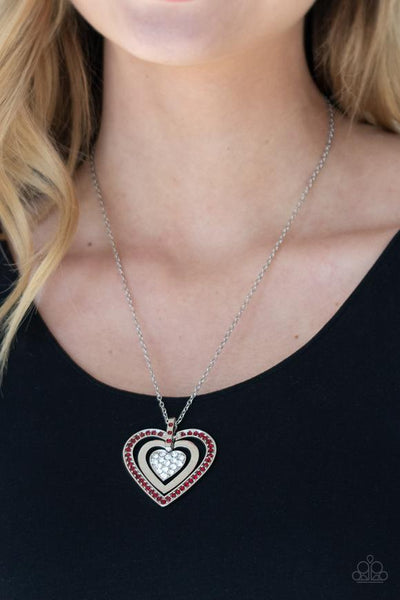 "Bless your Heart" Silver & Red Rhinestone Triple Heart Necklace Set