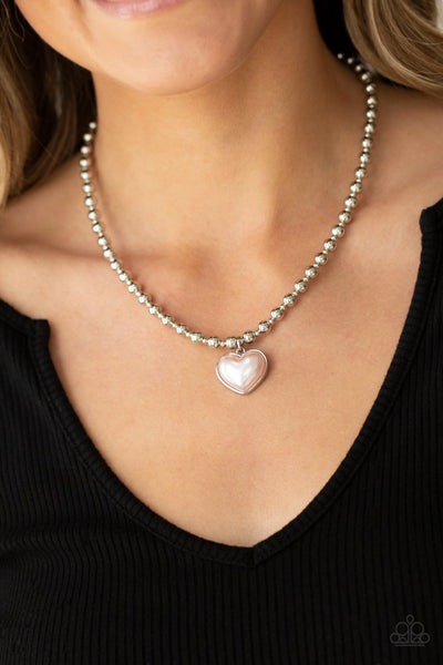 " Heart Full of Fancy " Silver Metal & Shimmering Pink Pearl Heart Necklace Set