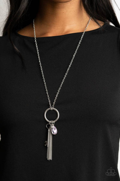 "Unlock Your Sparkle" Silver Metal & Purple Rhinestone & Key Charm Necklace Set